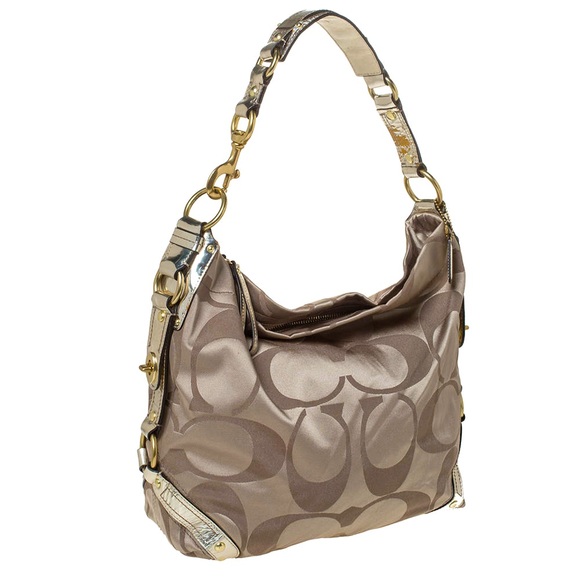 Coach Gold Patent Leather Signature Monogram Canvas Hobo Purse Bag - Picture 3 of 14